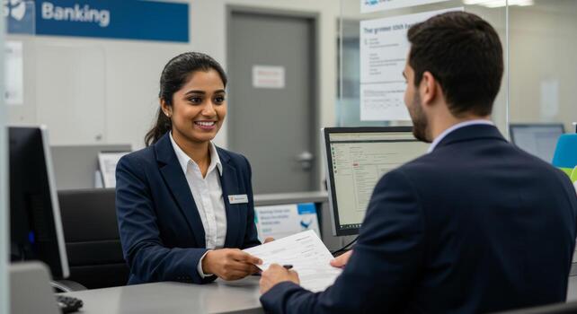 Bank teller assisting a customer with account paperwork