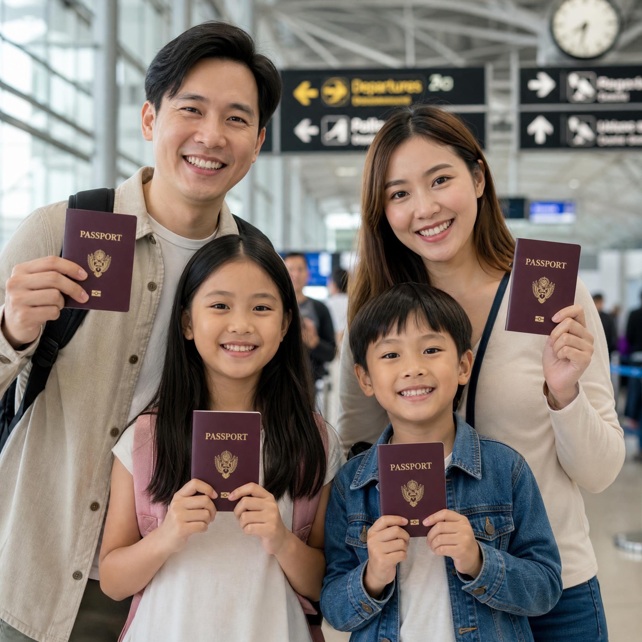 Family holding passports at the airport, ready to relocate to Malaysia
